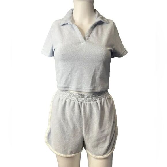 Wallflower Collared Terry Cloth Shorts Set Light Blue Size Small - Picture 2 of 4